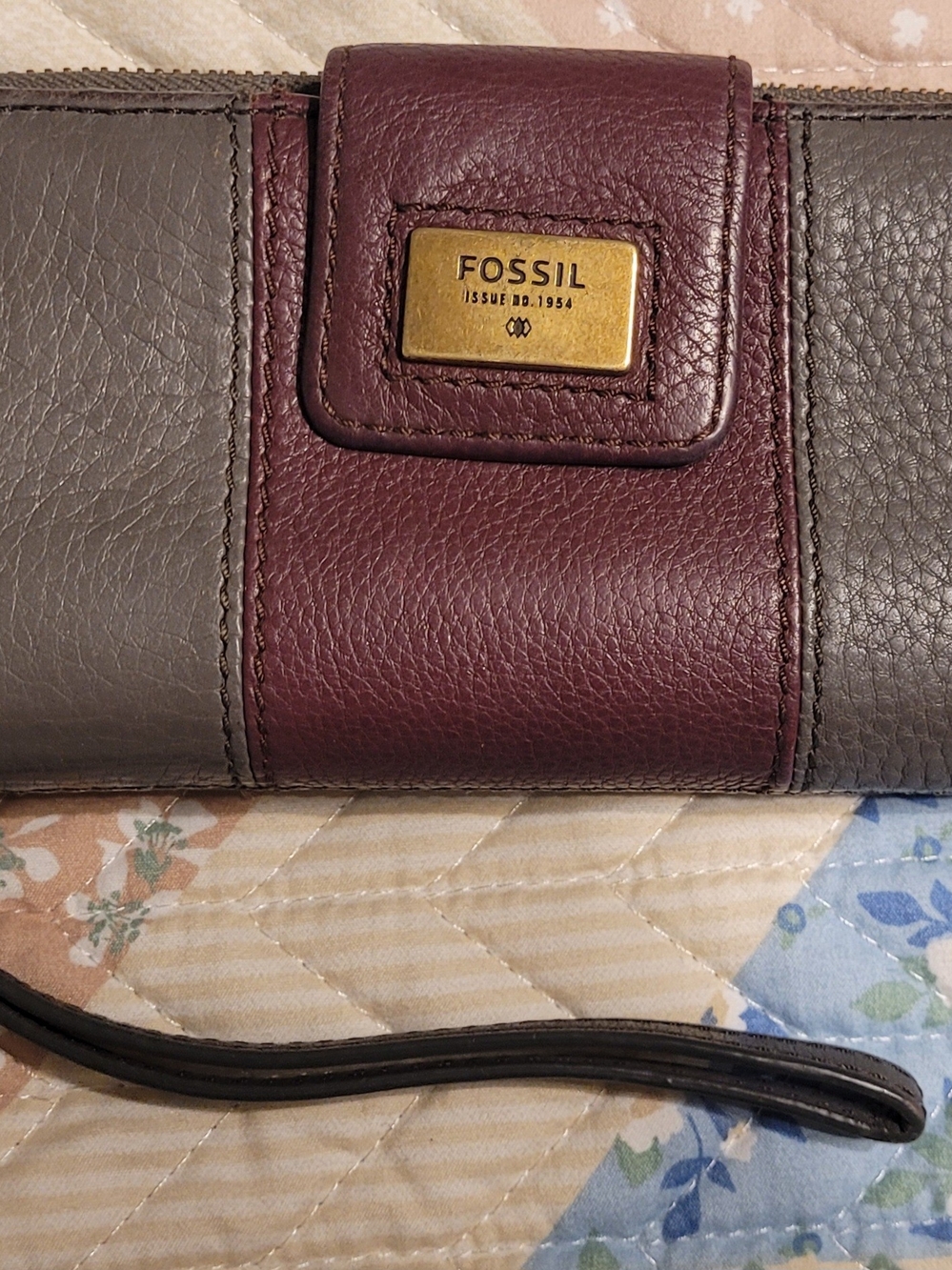 Fossil Two-Tone Burgundy and Gray Leather Wristlet